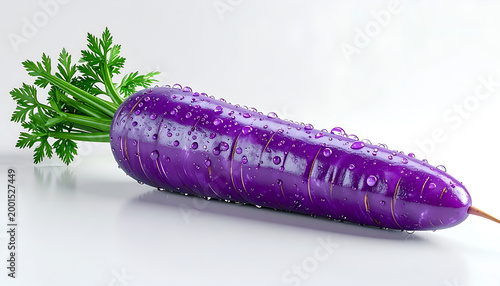 Vibrant Purple Carrot with Water Droplets on White Background.