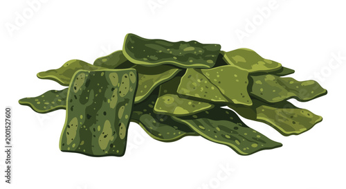 Vector Illustration of Crunchy Green Seaweed Snacks and Crispy Organic Crackers Pile Isolated on White Background