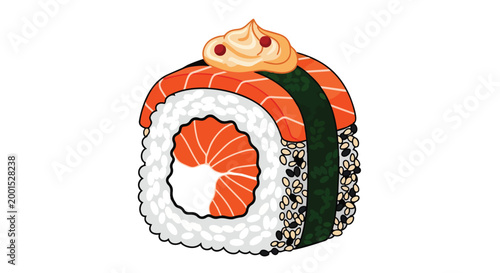 Fresh Salmon Sushi Roll Vector Illustration with Creamy Topping and Sesame Seeds - Uramaki Japanese Cuisine Art
