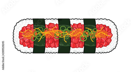 Fresh Japanese Tuna Sushi Roll Illustration with Rice Nori Seaweed and Vegetable Garnish Isolated on White