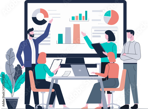 People discuss business charts and graphs in an office setting with coworkers