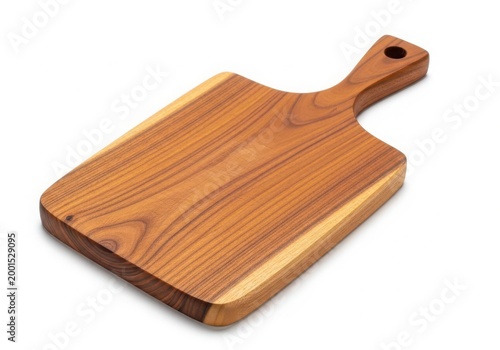 Wooden cutting board with a handle, isolated on white background