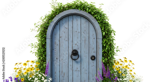 Blue wooden garden door framed by lush green ivy and colorful blooming flowers.