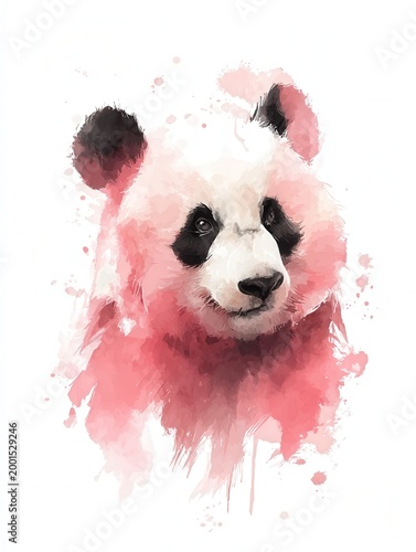 Watercolor panda portrait with pink paint splashes on white background, artistic animal illustration with modern minimal style and copy space for design projects.