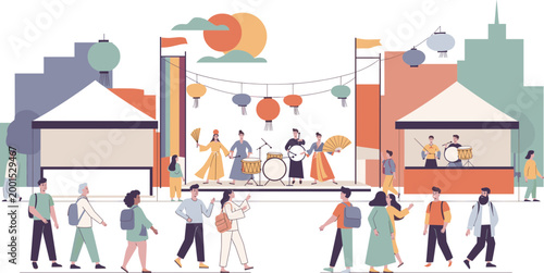 People gather at an outdoor festival with a band performing on stage surrounded by colorful decorations and market stalls.