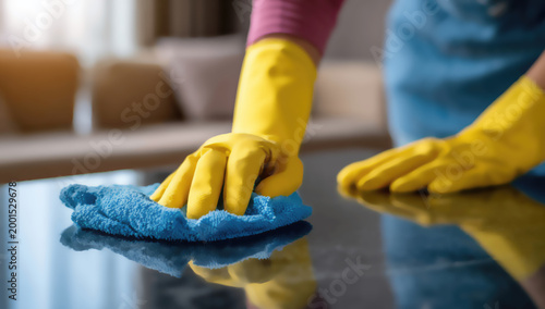 Hands in yellow gloves wiping a polished surface with a blue cloth