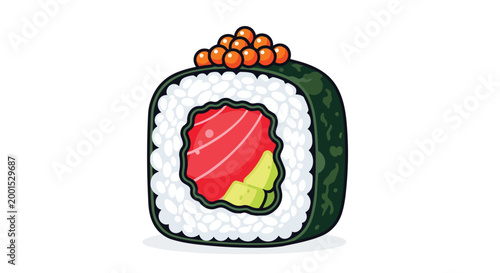 Fresh Salmon and Avocado Sushi Roll Vector Illustration with Red Fish Roe Topping on White Background
