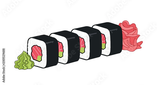 Japanese Sushi Maki Rolls with Tuna Wasabi and Pink Ginger Vector Illustration Isolated on White Background