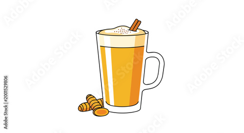 Golden Milk Turmeric Latte in Glass Mug with Cinnamon Stick and Turmeric Root Vector Illustration