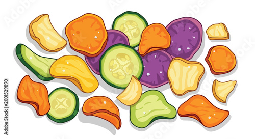 Assorted Crispy Vegetable Chips Vector Illustration - Healthy Organic Snack with Sweet Potato, Purple Potato, and Zucchini Slices