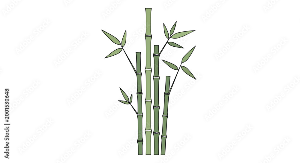 Naklejka premium Green Bamboo Stalks and Leaves Minimalist Vector Illustration on White Background