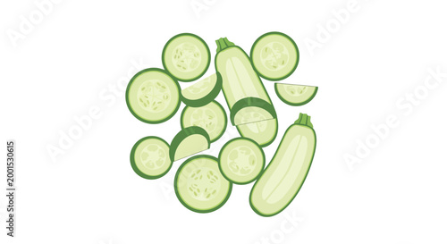 Fresh Green Zucchini Courgette Slices and Whole Vegetable Vector Illustration Isolated on White Background