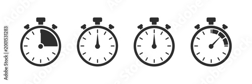 Timer Icon Set with Stopwatch and Clock Countdown Symbols, Chronometer and Deadline Icons for Time Management, Start and Finish Indicators, Vector Illustration for UI, Apps, and Infographic Design