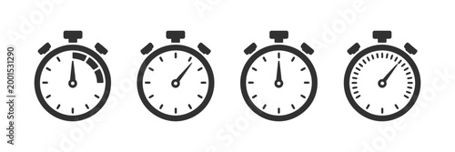Timer Icon Set with Stopwatch and Clock Countdown Symbols, Chronometer and Deadline Icons for Time Management, Start and Finish Indicators, Vector Illustration for UI, Apps, and Infographic Design