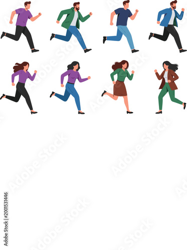 People running set with men and women jogging active lifestyle cartoon vector illustration collection isolated on white background
