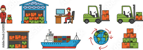 Logistics and warehouse operations set with forklift cargo shipping and global delivery cartoon vector illustration isolated on white background