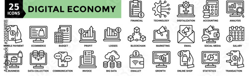 Digital economy icon collection set. Containing email, marketing, blockchain, analysis, budget, profit and more. Outline vector icons collection