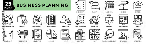Business Planning icon collection set. Containing checklists, target, calendar, choice, investor, company, swot and more. Outline vector icons collection