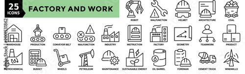 Factory and work icon collection set. Containing robot malfuction, factory, foreman, coal, product and more. Outline vector icons collection