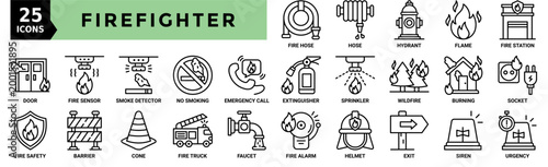 Firefighter icon collection set. Containing fire hose, hydrant, flame, exit, sprinkler, siren, urgency and more. Outline vector icons collection