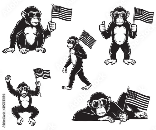 Patriotic Monkey with American Flag Vector Bundle Funny Cartoon Illustration