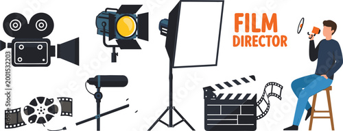Film production set with camera lighting microphone clapperboard and director cartoon vector illustration isolated on white background