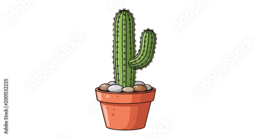 Hand Drawn Green Saguaro Cactus in Terracotta Clay Pot with Stones Vector Illustration Isolated on White