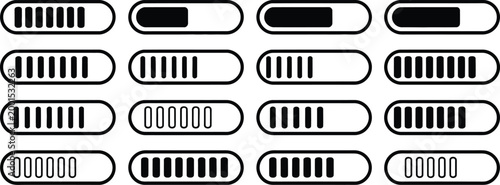 Loading and progress bar symbols, minimalist UI design set featuring progress indicators download status bars and digital workflow timeline graphics.
