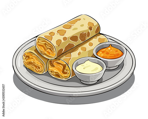 Картината върху платно Traditional savory wrap with spicy sauce served on a circular plate for a hearty