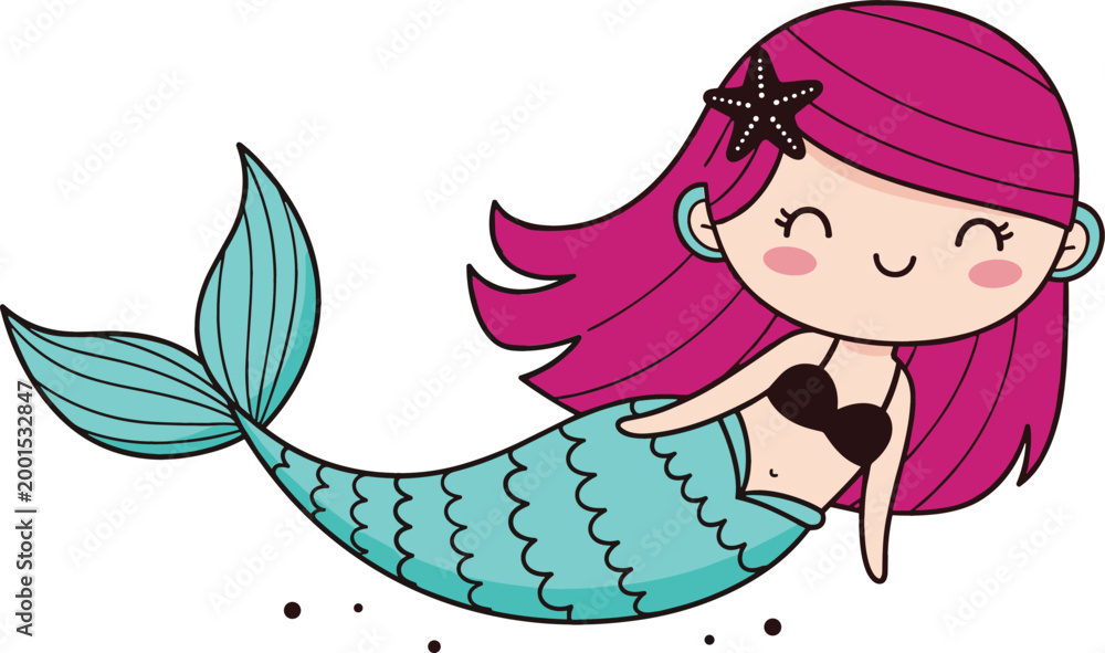 Fototapeta premium Cute mermaid character with pink hair and fish tail cartoon vector illustration isolated on white background for kids fantasy design