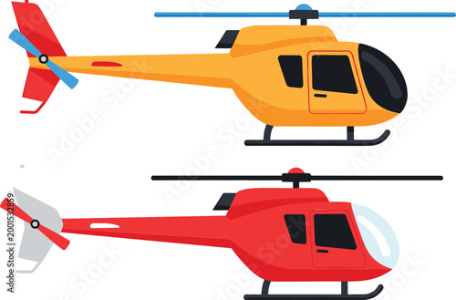 Helicopter set with different colored choppers flying transport cartoon vector illustration isolated on white background for aviation design