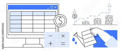 Financial analytics, investment planning, budgeting tools, economic growth, monetary management, and savings visualization. Illustrated are a computer screen, calculator, watering can and stacked