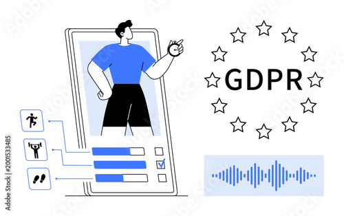 GDPR concept. GDPR compliance through personal data tracking, fitness monitoring, and mobile technology. GDPR ensures privacy in lifestyle and tech use. Perfect for data protection, privacy, tech