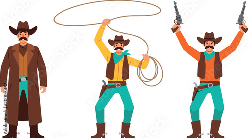 Cowboy characters set with lasso revolvers and western outfits cartoon vector illustration collection isolated on white background