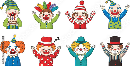 Clown faces characters set with different expressions and colorful costumes circus cartoon vector illustration collection isolated on white background