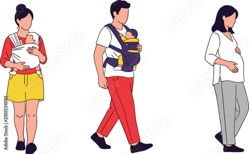 Parents carrying babies in sling and expecting mother pregnancy and childcare concept cartoon vector illustration isolated on white background