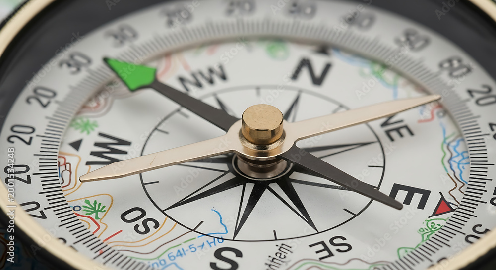 Fototapeta premium Close-up of a compass pointing towards the west direction navigation tool.