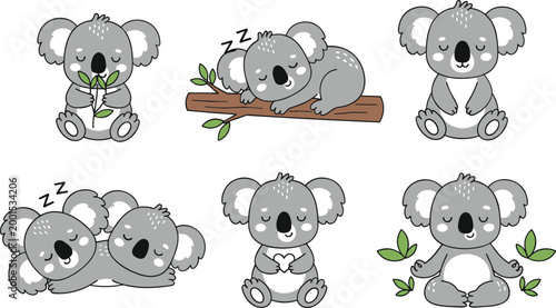 Cute koala characters set with different poses sleeping eating and sitting cartoon vector illustration collection isolated on white background for kids design