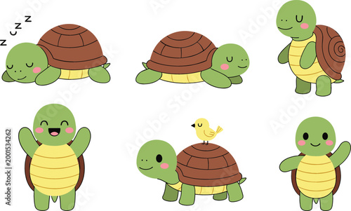 Cute turtle characters set with different poses sleeping walking and playing cartoon vector illustration collection isolated on white background for kids design