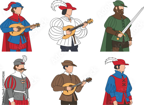 Medieval characters set with musicians and warriors in historical costumes cartoon vector illustration collection isolated on white background