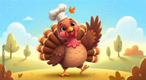 Cartoon turkey chef with a festive attitude in a bright colorful landscape