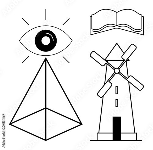 Knowledge , creativity, surveillance concepts, renewable energy, geometric symbols, and abstract design. an open book, an eye pyramid and a windmill. Knowledge and creativity concept