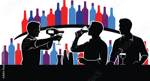 Cocktail Bar Silhouette Icon Set with Bartender, Drink Mixing, and Bottles in Background for Websites, Apps, and Digital Media Designs.