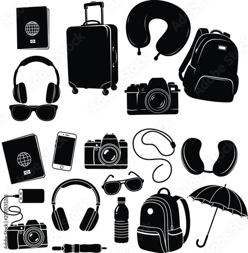 Travel essentials icons with neck pillow power bank black and white suitcase