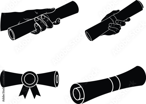 Hands holding rolled diplomas and scrolls academic awards graduation