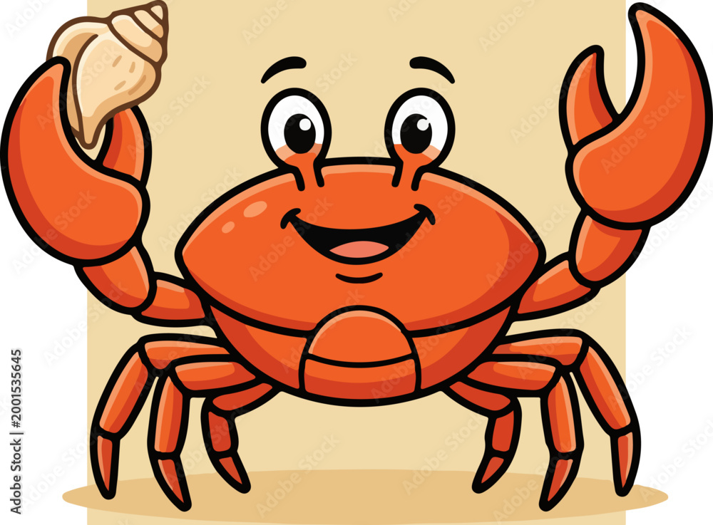 Fototapeta premium Smiling cartoon crab holding shell.