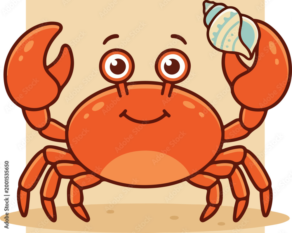 Fototapeta premium Smiling Cartoon Crab Holding Shell.