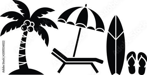 Tropical beach vacation icons palm tree lounge chair umbrella surfboard