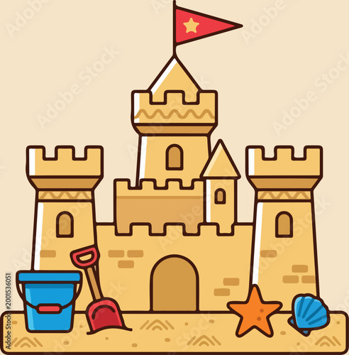 Sandcastle on the beach scene.