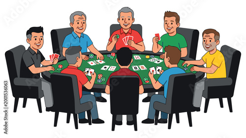 Group of men playing poker around a table, cards, chips, friends having fun.
